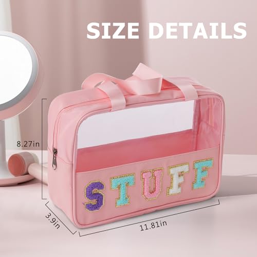 Girls Clear Makeup Bag with Chenille Letter Patches,Travel Essentials Large Zipper Toiletry Bags with Handle,Waterproof Cosmetic Stuff Sunscreen Storage Pouch for Women (STUFF)2