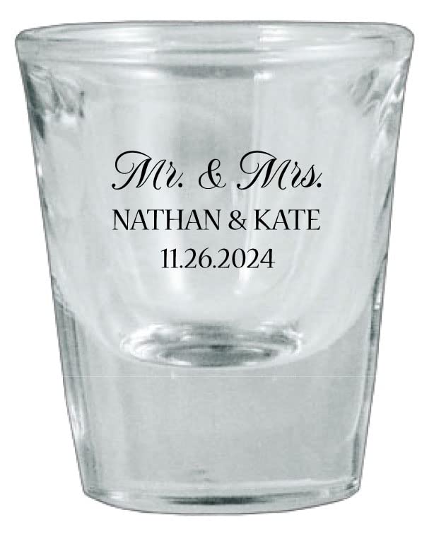 1oz thick base wedding shot glasses, personalized wedding shot glasses with names and date, budget friendly wedding favors