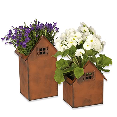 Hoberg Rost-Pflanztöpfe - 2er Set | Wetterbeständige Blumenkübel im Häuser-Design in 2 Größen | Auch als Deko und Windlicht mit Kerzen verwendbar