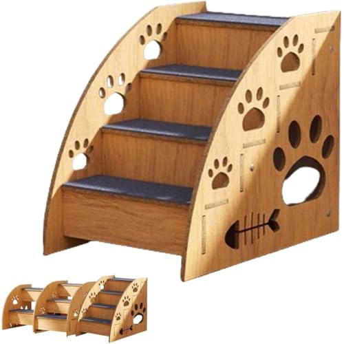 Raineed 犬用ベッド階段 猫用ペットステップ 滑り止め ペット 屋内猫用 ペット用 滑り止め犬用ベッド 足腰への負担を軽減 猫用 木製 怪我防止 犬 猫用ハイベッドペット 屋内 屋外 小型犬 中型犬 大型犬 (4階です,木の色)