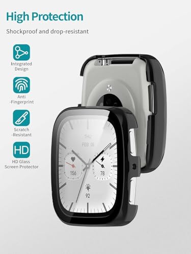 Image of M.G.R.J Hard PC Case with Tempered Glass Screen Protective Case Cover Compatible for Amazfit Active 2 Square (Black)