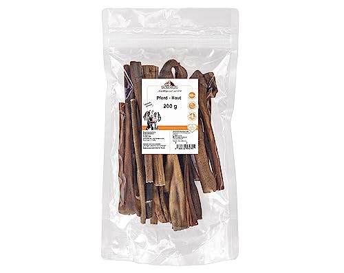 TACKENBERG Pferdehaut für Hunde - leckerer natürlicher Kausnack in Premiumqualität - schonend getrocknet - reines Naturprodukt zur Belohnung, als Snack oder Leckerli, 200 g