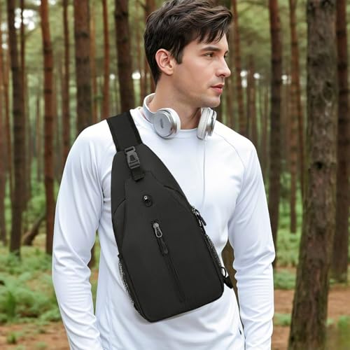 Aucuu Sling Rucksack, Brusttasche Sling Bag Klein, Schultertasche, Multipurpose Crossbody Bag, Crossbody Umhängetasche mit Kopfhörerloch, Schulterrucksack für Wandern Reisen Klettern Herren Damen