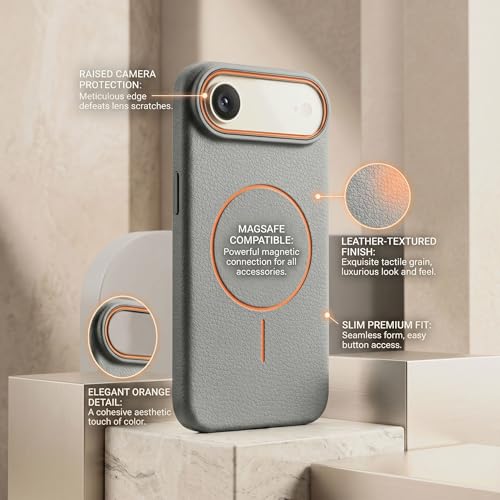Image of amazon basics Luxury MagSafe Compatible Leather Texture Back Cover for iPhone 17 Air | Raised Camera Protection | Slim Fit Shockproof Case with Metallic Accents (Gray)