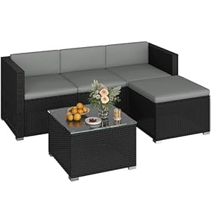 Yaheetech 5er Gartenmöbel Set Balkonmöbel Set aus PE-Rattan Wetterfest Terassenmöbel Außen mit 2 Ecksofa & Sofa & Stuhl & Beistelltisch & Sitzkissen für Garten/Balkon/Terrasse (Schwarz & Hellgrau)