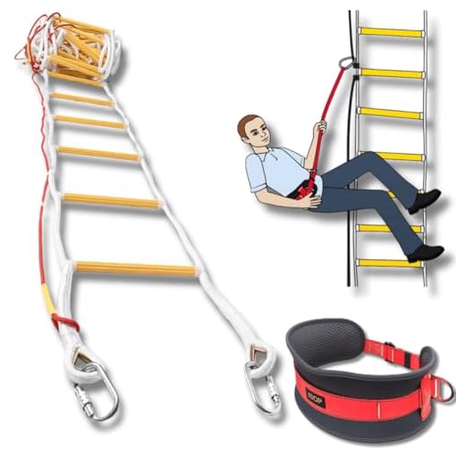 ISOP Emergency Fire Escape Rope Ladder 4 Story Homes 32 ft Innovative Solution - Unique Safety Ladder with Carabiners & Safety Cord & Safety Belt - Fast Deploy & Simple to Use - Compact & Reusable