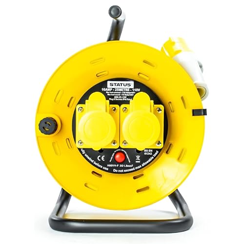 STATUS 2 Socket Cable Reel 25m Yellow 16 Amp 110 Volt Heavy Duty Extension Lead Thermal Cut Out Outdoor Safe Ideal for Site Work Power Tools DIY Trade Use (S25M-110VOLT-CR1)