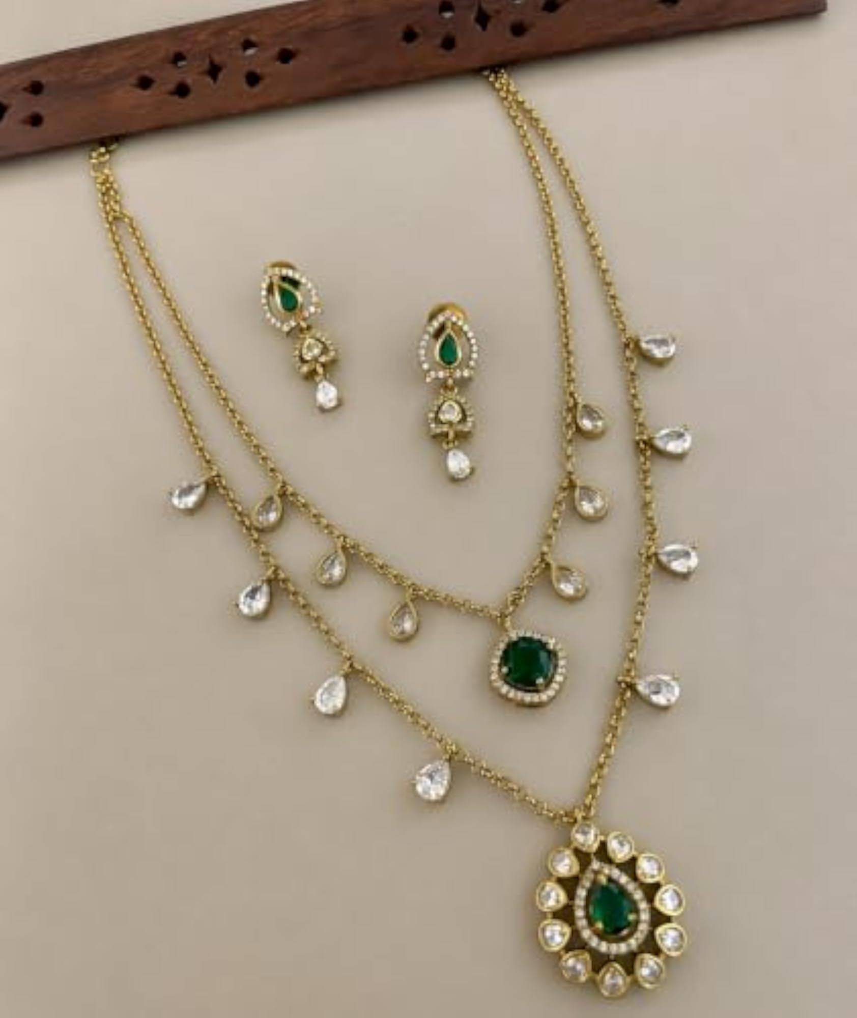Premium Gold Plated Emerald Green Layered Necklace Set