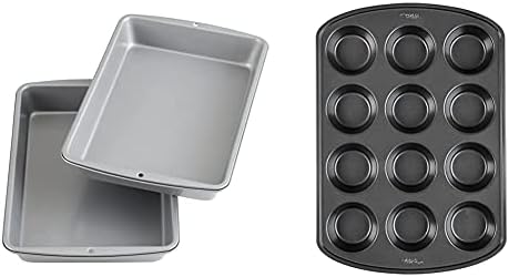 Wilton Recipe Right Non-Stick 9 x 13-Inch Oblong Cake Pans, Set of 2, Steel Cake Pans and Perfect Results Premium Non-Stick Bakeware Muffin Pan & Cupcake Pan, 12-Cup, Steel