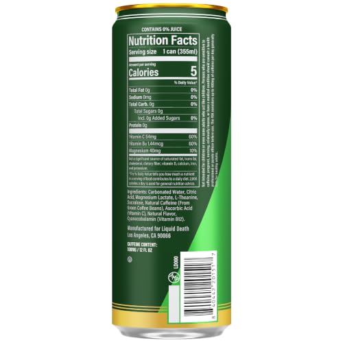 Image of Liquid Death Sparkling Energy - Subliminal Lime (Lemon Lime), Zero Sugar Energy Drink, Unextreme Caffeine 100mg, Essential Vitamins, 12 Fl Oz (Pack of 12)