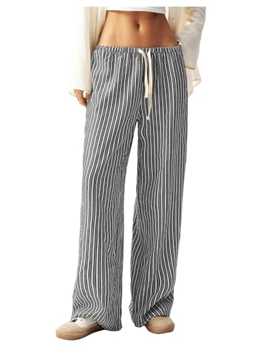 MakeMeChic Women's Striped Elastic Waist Drawstring Wide Leg Baggy Palazzo Pants Loose Y2K Trousers Loungewear