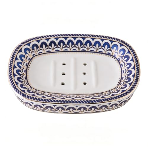 zhydrl Double-Layer White Ceramic soap Dish: self-draining Ceramic soap Holder with a Vintage Decorative Style, Suitable for soap on Bathroom Sinks, Small and Cute, with Elegant Patterns.