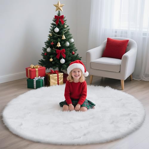 White Fluffy Round Area Rugs for Bedroom,3'X3'Shag Circle Area Rugs for Girls Room,Non Slip Fuzzy Plush Rug for Kids Room Living Room and Dorm Home Decor Rug