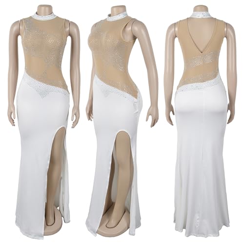 Image of Jigfar Women Sexy Elegant Rhinestone Mesh See Through Party Club Night Split Bodycon Formal Maxi Dress