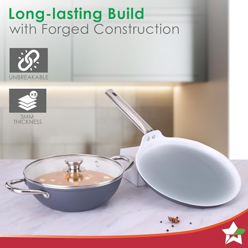 Image of Wonderchef Eco-Glide Ceramic Cookware Set, Kadhai & Glass Lid-24cm, Dosa Tawa-28cm, Non-Toxic, Chemical & PFOA Free, Stainless-Steel Handle, Gas /Induction Compatible, Low Oil Cooking, 2-Year Warranty
