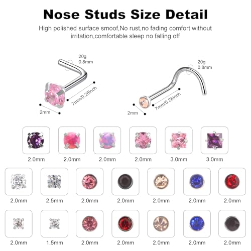 24Pcs Gold Nose Rings Hoops, 20G Surgical Stainless Steel Nose Studs, Hypoallergenic L Shaped Corscrew Nose Screw Piercing with 1.5mm 2mm 2.5mm 3mm CZ for Women Men2