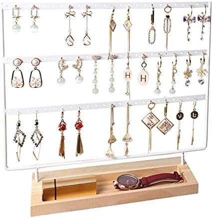 sovia Earring Organizer 3-Tier 75 Holes Jewelry Organizer Display Stand,Metal Earring Holder with Wood Basic stand,Necklace holder Storage Tray for Ring,Earrings,Ear Stud,Bracelets(White)