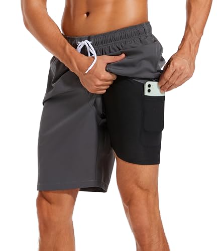 SILKWORLD Mens Swimming Trunks with Compression Liner Quick Dry Swimwear Beach Shorts with Zipper Pockets,Dark Grey,Large