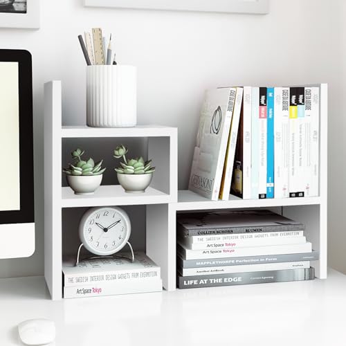 Jerry & Maggie - Desktop Organizer Office Storage Rack Adjustable Wood Display Shelf | Birthday Gifts - Toy - Home Decor | - Free Style Rotation Display - True Natural Stand Shelf (White)
