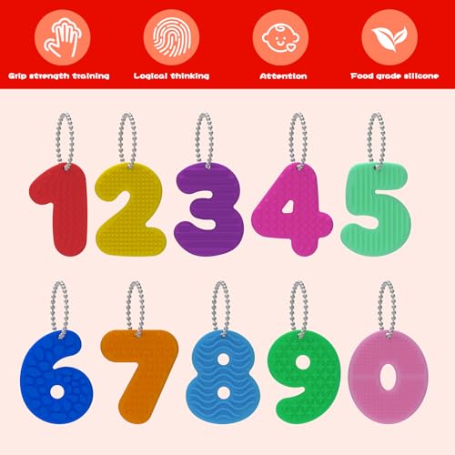 Rxuiael 10 Pieces Silicone Number Toys for Kids 3+, Tactile Counting Stones with Keychains, Educational Backpack Charms, Quiet Sensory Travel Accessories for Flights & Car Rides - Image 4