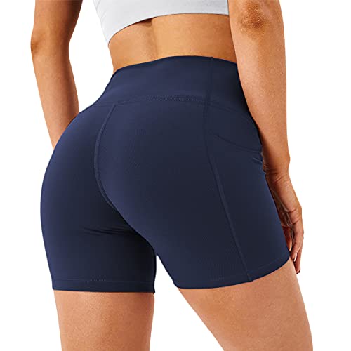 H HIAMIGOS Damen Yoga-Shorts, Kurz Sporthose mit Seitentasche, Hohe Taille Blickdicht Fitness Short, Atmungsaktiv Laufhose, Bauchkontrolle Leggings für Gym Joggen(Blau, L) Cover