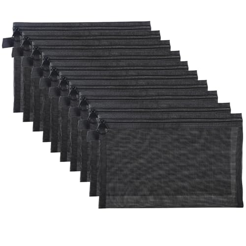 LOTCAIN 10 Pcs Mesh Zipper Pouch, Mesh Pouch Bag for Makeup Beauty Cosmetic, Small Makeup Accessories Organizer Travel Toiletry Storage Pouch for Daily Toiletries or Cosmetics Accessories, Black, L