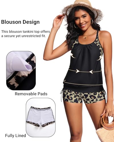 Holipick Leopard and Black Tankini Swimsuits for Women Two Piece Tummy Control Bathing Suits Blouson Tankini Top with Sporty Boy Shorts M