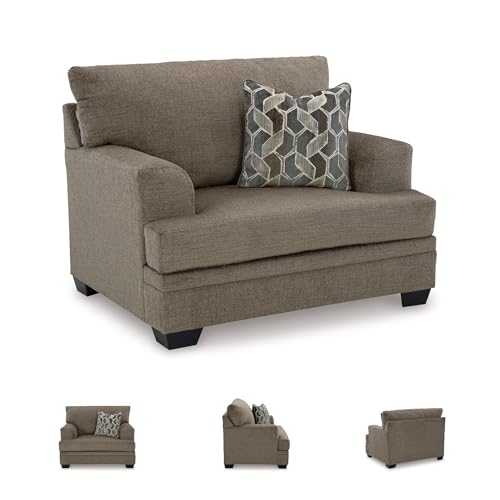 Image of Signature Design by Ashley Stonemeade Oversized Chair, Cozy Chair and a Half with Toss Pillow, Deep Seating Living Room Accent Armchair, Soft Chenille Fabric, Reversible Cushion, Nutmeg Taupe Brown