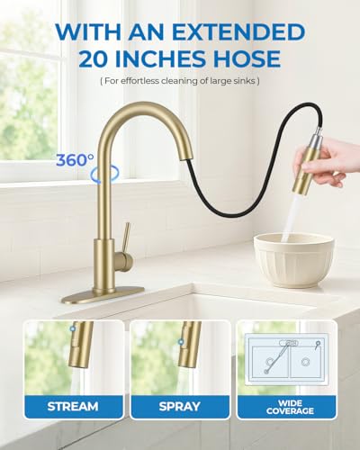 Image of WEWE Kitchen Faucet with Pull Down Sprayer, Gold SUS304 Stainless Steel Kitchen Sink Faucets, High Arc Single Handle Faucet for Kitchen Sink, Commercial Modern Farmhouse RV Utility Faucet