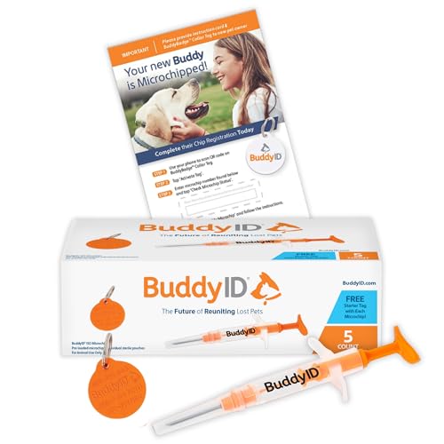 BuddyID ISO Pet Mini Microchip with Pre-Paid Lifetime Registration and Starter Tag, Universally Scannable, Sterile Syringe, Anti-Migration Coating, Parylene Sealer, for Dogs, Cats, Animals, 5-Count