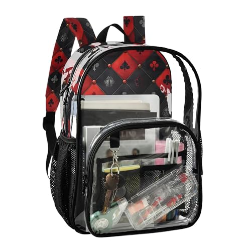 MNSRUU Large Clear Backpack for School Stadium Concerts Sports Events Royal Red Black Diamond Transparent Heavy-Duty PVC Backpack with Adjustable Straps, See-Through Bag Multiple Compartments4