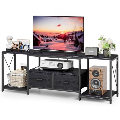 Homeiju TV Stand for TVs up to 75 Inch, Entertainment Center with Fabric Drawers, TV Media Console Table with Open Storage Shelves for Living Room, Bedroom, Black