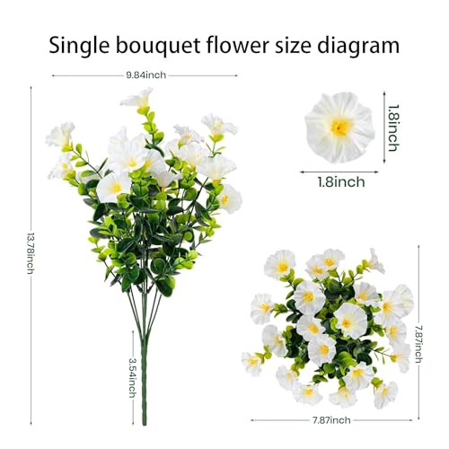 Artificial Flowers for Outdoors16 Bundles of UV-Resistant Silk Morning Glory with Eucalyptus-Realistic Faux Plants as Perfect Filler for Home Planter Porch & Garden Decor (White) image 1