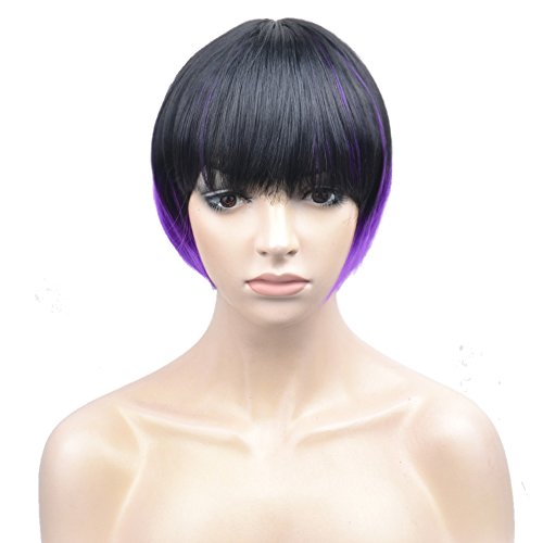 RightOn 12'' Short Straight Bob Ombre Wig Flat Bangs with Wig Cap and Comb (Black/Purple)