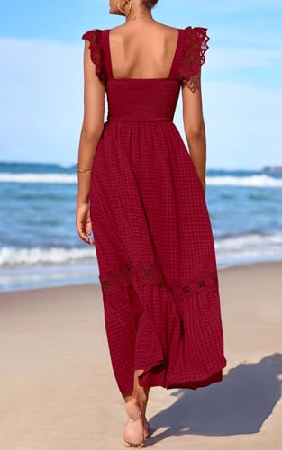 Image of PRETTYGARDEN Women's Smocked Summer Maxi Dresses 2026 Ruffle Cap Sleeve Square Neck Lace Detail Flowy Sundress with Pockets