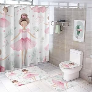 Ballerina Girls 4 Piece Bathroom Rug Set with Shower Curtain with Rugs Toilet Lid Cover and Bath Mat Pink Girl Ballet Dancer Waterproof Shower Curtain for Bathroom Decor