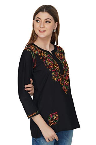 Image of Vahson Women Cotton Regular Fit Designer Lucknow Chikankari Hand Embroidered /Embroidery Short Kurti Tunic Top, Black,Small