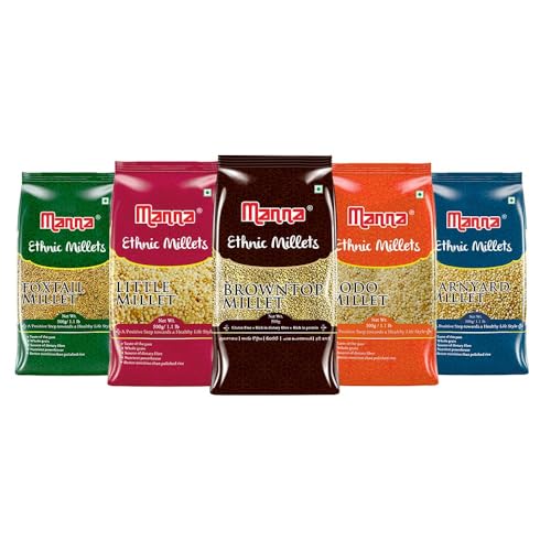 Image of Manna Millets 2.5Kg Whole Grains, Combo Pack of 5, Browntop, Foxtail, Kodo, Little, Barnyard, Certified Low GI, Unpolished Natural Grains 500g (Pack of 5)
