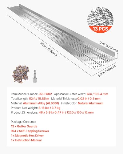 Image of VEVOR Gutter Guard, 6 in Aluminum Gutter Cover Heavy-Duty, 52ft Length Protection Cover for Leaf & Debris, 0.02 in Thickness Mill Finish, Easy DIY Install, Fast Drainage, Screws Included, 13 PCS