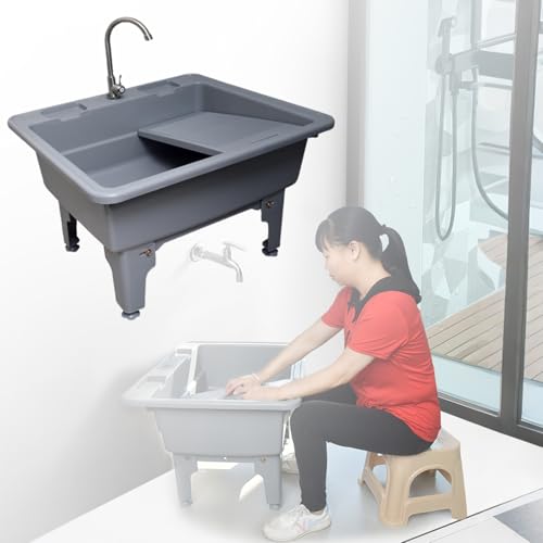 NOBBAT Lavandino Portatile, Lavello Di Servizio Indipendente Con Rubinetto E Asse Da Bucato - Vasca Per Lavanderia Tutto In Uno Per Cantina, Garage, Giardino - Lavello Portatile In Plastica(68cm)