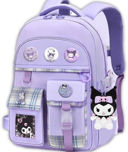 HAPIKI Mochila Kawaii con accesorios lindos para jardín de infantes con lindo pin Kuromi mochila de felpa Sanrio, Púrpura