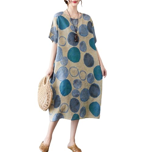Image of LUZU JUNU Women's Summer Baggy Plus Size Loose Cotton Linen Long Boho Beach Dress with Pockets