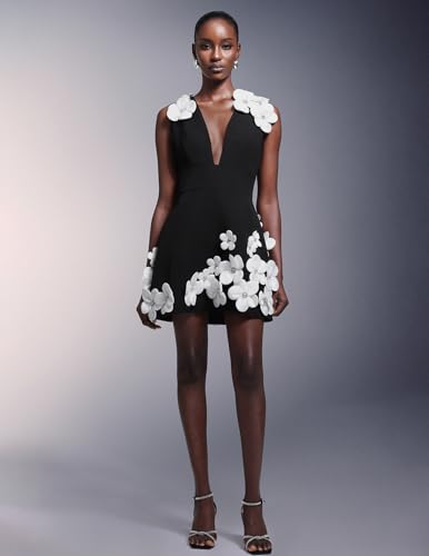 BELLA BARNETT Black Deep V Neck Sleeveless Diamond 4D Flowers Party Dress Mini A Line Prom Dress for Date Night2