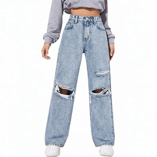 Yvmoruby Girls Ripped Jeans 7-14 Baggy Jeans for Girls Wide Leg Elastic Waist Cute Denim Pants Distressed Summer Trousers Tween Outfits Size 11-12