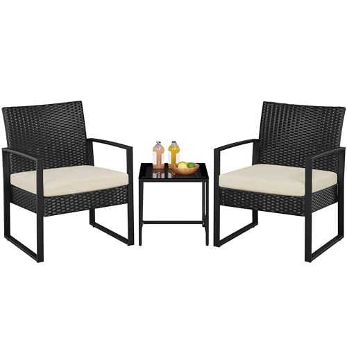 Yaheetech 3 Pieces Rattan Bistro Set, Outdoor Wicker Patio Modern Conversation Furniture, 2 Chairs & Tempered Glass Coffee Table for Garden, Balcony, Backyard, Poolside, Black/Beige