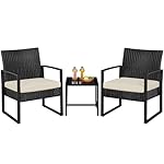 Yaheetech 3 Pieces Rattan Bistro Set, Outdoor Wicker Patio Modern Conversation Furniture, 2 Chairs & Tempered Glass Coffee Table for Garden, Balcony, Backyard, Poolside, Black/Beige