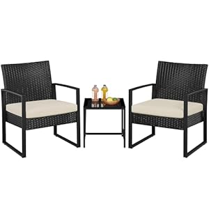 Yaheetech 3 Pieces Rattan Bistro Set, Outdoor Wicker Patio Modern Conversation Furniture, 2 Chairs & Tempered Glass Coffee Table for Garden, Balcony, Backyard, Poolside, Black/Beige