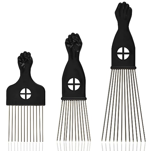 Kootinn 3-Piece Stainless Steel Afro Hair Pick Set, Fist Design for Men & Women, Perfect for Natural Curly Afro Hair, Essential Hairdressing Styling Tool