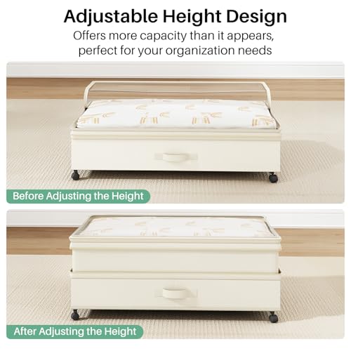 Image of Kitstorack 2Pack Height-adjustable Under Bed Storage with Wheels, Under Bed Storage Containers,Under Bed Shoe Storage Organizer with Clear Window&Label, Suitable for Clothes Storage, Beige