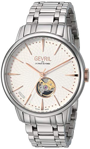 Gevril Mulberry Men's 9601B Swiss Made Automatic White Textured Dial Open Heart Exhibition Case Back Silver Bracelet Watch